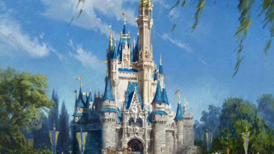 A painting of Cinderella's Castle with blue and white colors and a blue sky