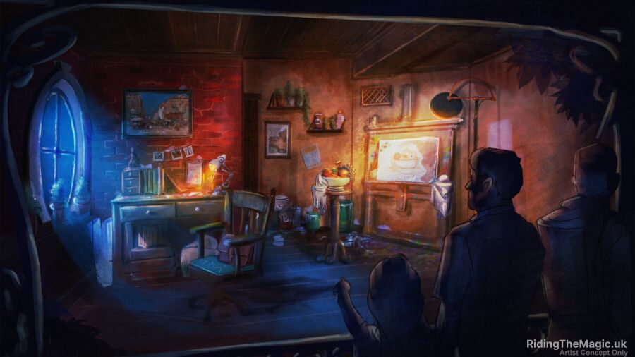 A painting of a man and a child in a room with a desk