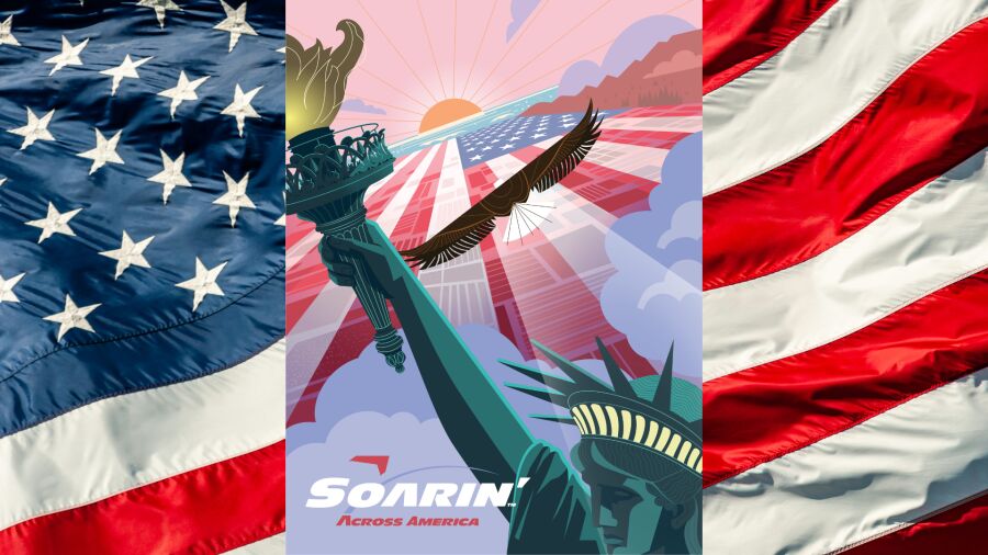 Poster of the Statue of Liberty with an American flag in the background
